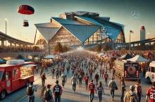 football game mercedes stadium atlanta show the outside with fans walking in