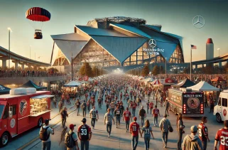 football game mercedes stadium atlanta show the outside with fans walking in