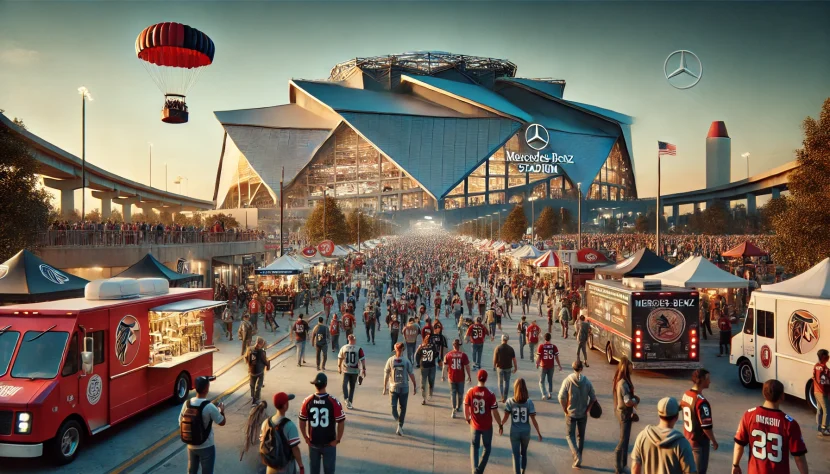 football game mercedes stadium atlanta show the outside with fans walking in