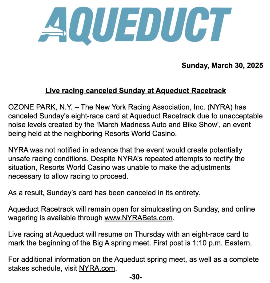 NYRA Seeks Compensation from Resorts World Over Sunday Cancellation