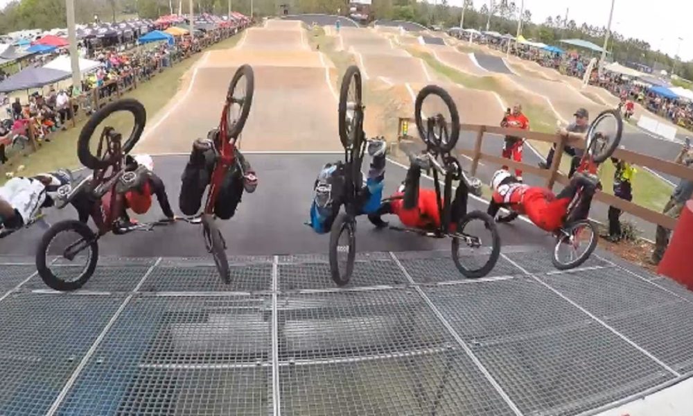 BMX Racers Crash In Unison After Gate Malfunction